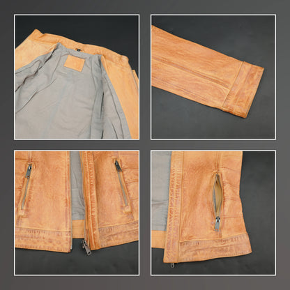 Tan distressed leather biker jacket with stand-up zip collar and quilted detailing.