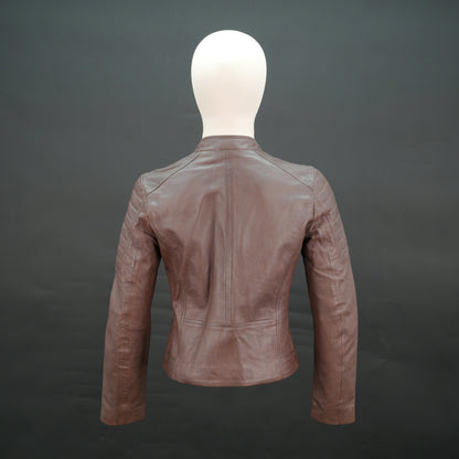 Brown leather biker jacket with quilted shoulders and slim fit design.