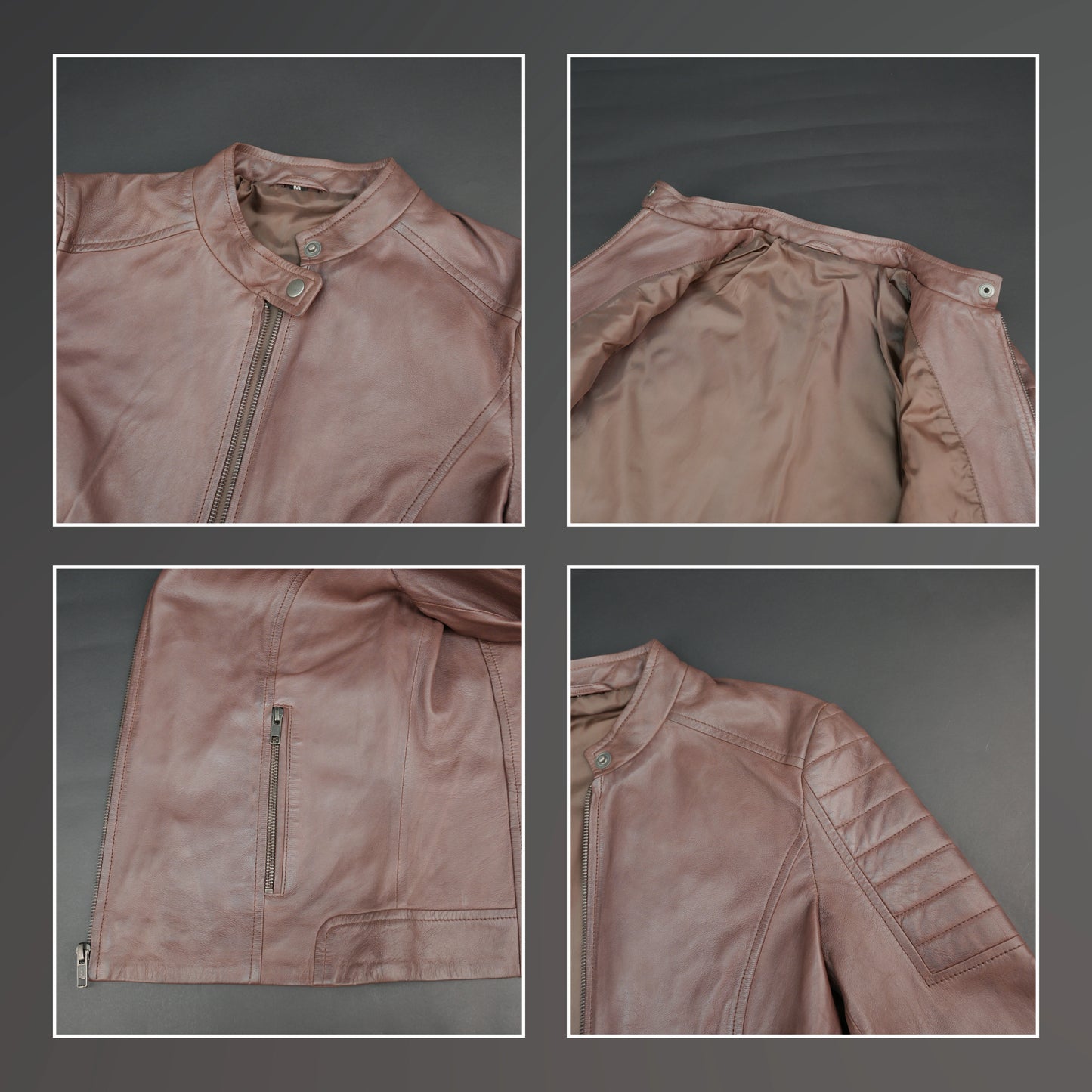 Brown leather biker jacket with quilted shoulders and slim fit design.