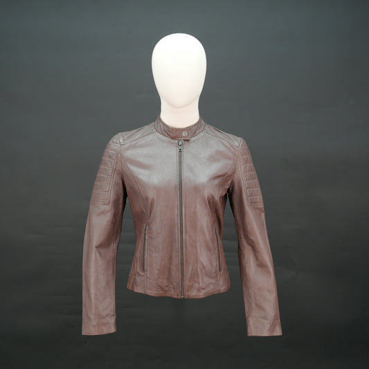 Brown leather biker jacket with quilted shoulders and slim fit design.