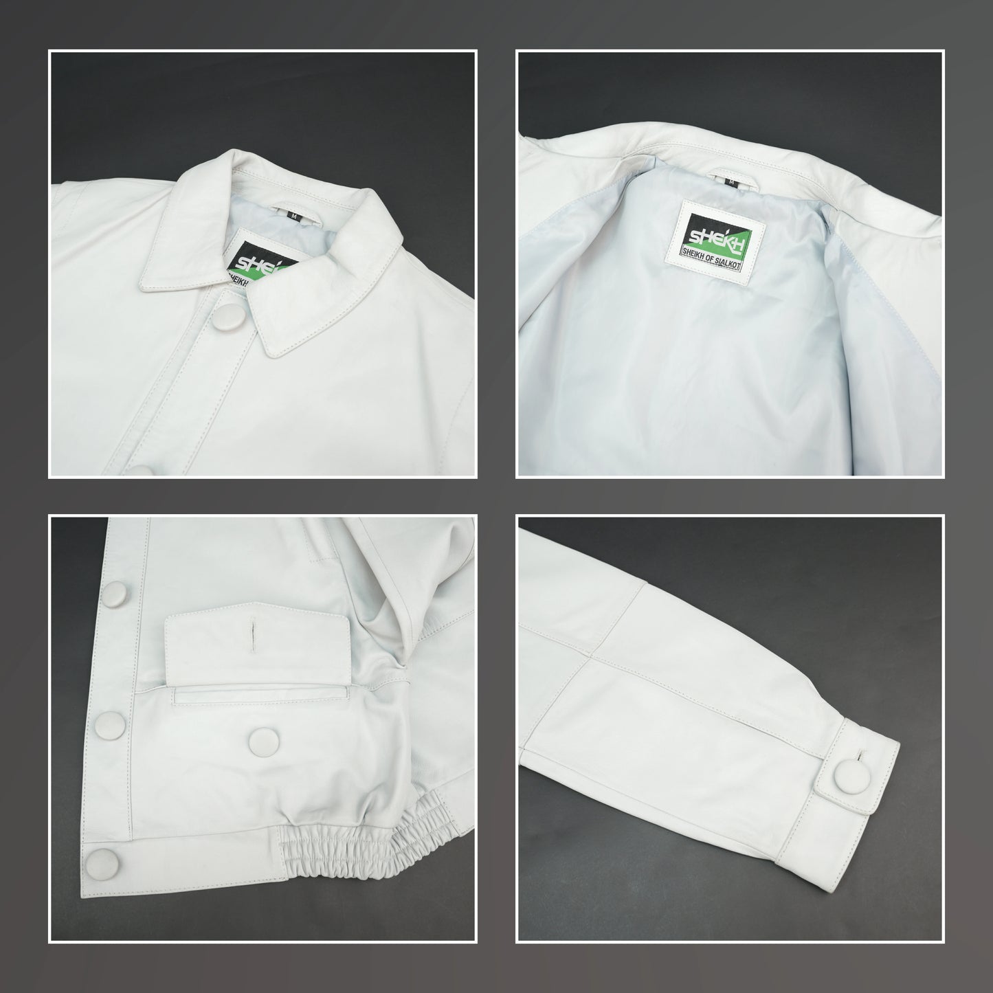 White cropped leather jacket with shirt collar and flap pockets.