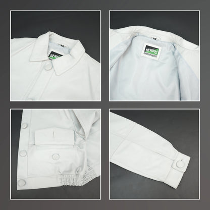 White cropped leather jacket with shirt collar and flap pockets.