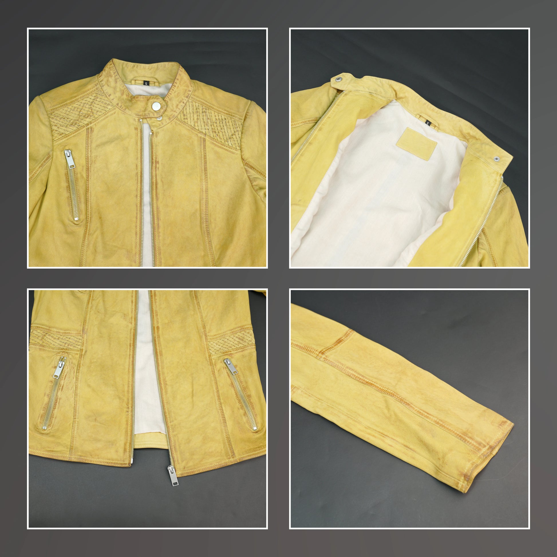 Mustard yellow leather biker jacket with asymmetrical zip.