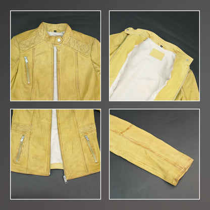 Mustard yellow leather biker jacket with asymmetrical zip.