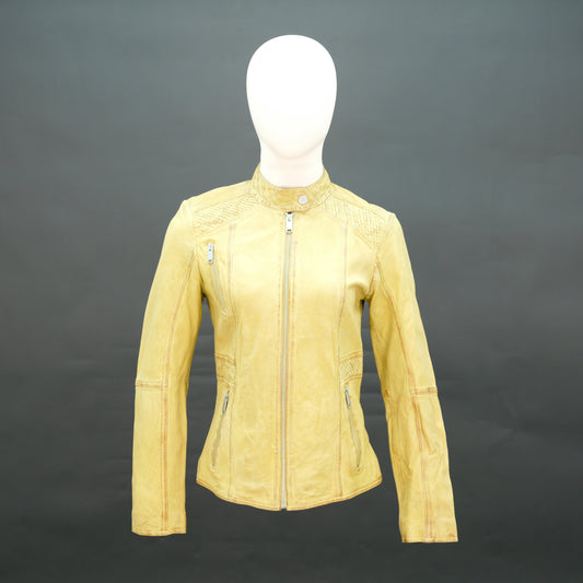 Mustard yellow leather biker jacket with asymmetrical zip.