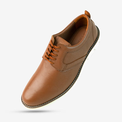 Tan footwear with genuine cow leather milled commute upper, soft sheep lining, Taxon insole for support, and lightweight EVA sole for flexible traction