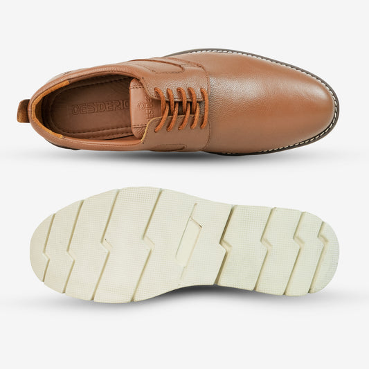 Tan shoe with genuine cow leather upper, soft sheep lining, Texon insole, and lightweight EVA sole