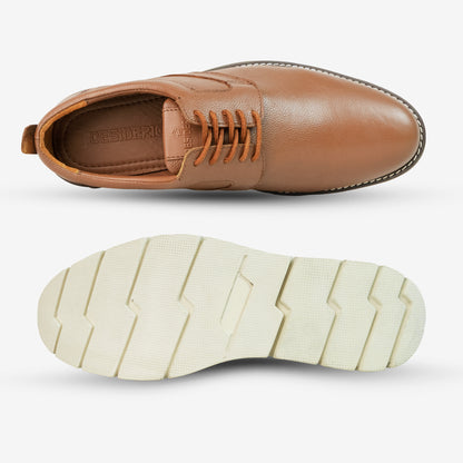 Tan footwear with genuine cow leather milled commute upper, soft sheep lining, Taxon insole for support, and lightweight EVA sole for flexible traction