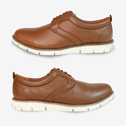 Tan footwear with genuine cow leather milled commute upper, soft sheep lining, Taxon insole for support, and lightweight EVA sole for flexible traction
