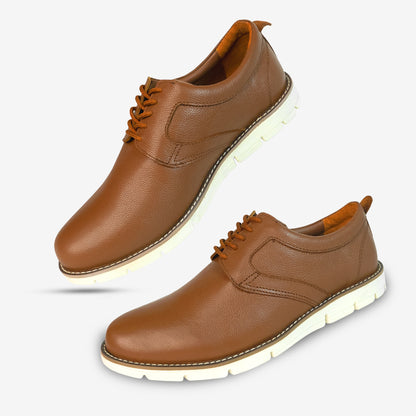 Tan footwear with genuine cow leather milled commute upper, soft sheep lining, Taxon insole for support, and lightweight EVA sole for flexible traction