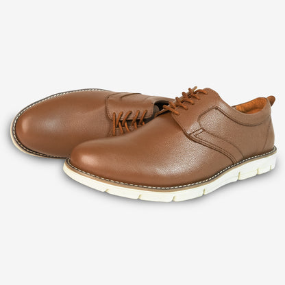 Tan footwear with genuine cow leather milled commute upper, soft sheep lining, Taxon insole for support, and lightweight EVA sole for flexible traction