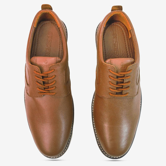 Tan shoe with genuine cow leather upper, soft sheep lining, Texon insole, and lightweight EVA sole