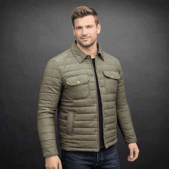 Men’s button-down six-pocket quilted puffer jacket in navy and green with full sleeves, snap button closure, and multiple pockets for storage and warmth