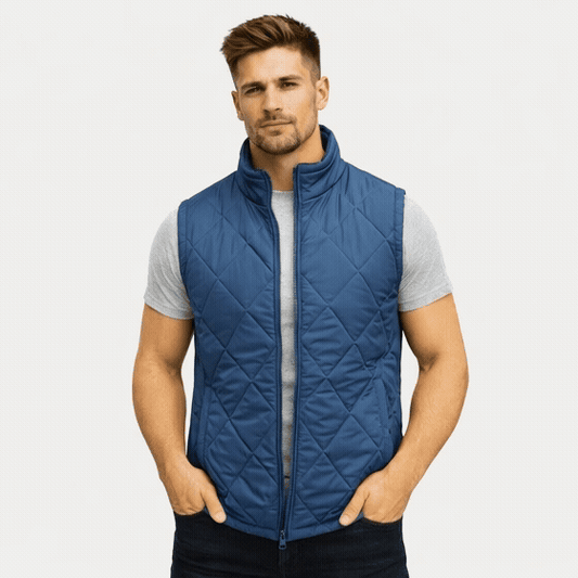Men’s lightweight diamond quilted sleeveless puffer gilet with front zip, three pockets, available in navy, green, and blue