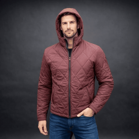 Men’s hooded diamond quilted puffer jacket with full sleeves, front zip, side and inside pockets, available in blue, maroon, and navy