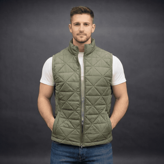 Men’s lightweight quilted puffer vest with front zip, side pockets, inside pocket, comfortable fit, available in green