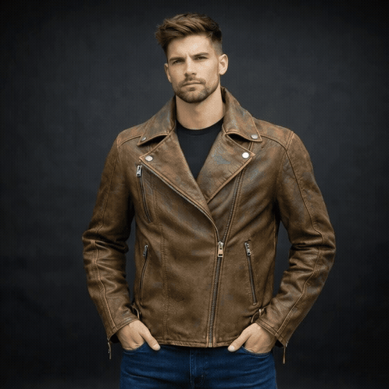 Men’s light brown sheep leather motorcycle jacket with cracked vintage finish, side zip closure, two spacious pockets, and a tailored fit, combining eco-friendly materials with versatile style