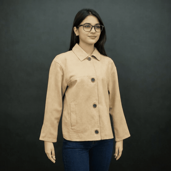 Elara men’s beige suede leather jacket with button closure and front side pockets, combining elegance and everyday versatility