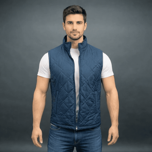 Men’s navy double diamond pattern puffer vest with front zip, two side pockets, and one inside pocket, lightweight and ideal for layering
