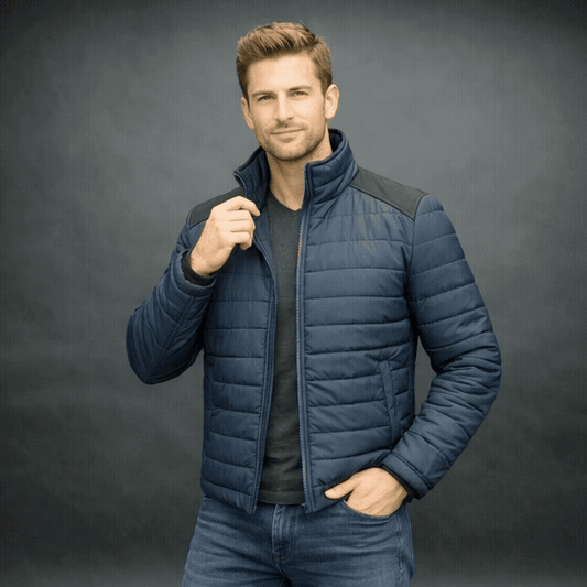 Men’s two-tone quilted puffer jacket in caramel and tan with full sleeves, front zip, side and inner pockets, insulated for warmth