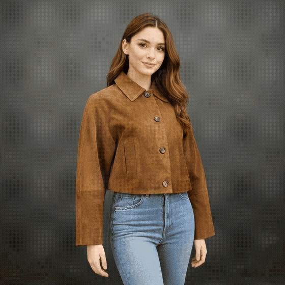 Men’s brown suede leather jacket with button closure, front side pockets, and a slim tailored fit, offering a modern classic style with everyday comfort.