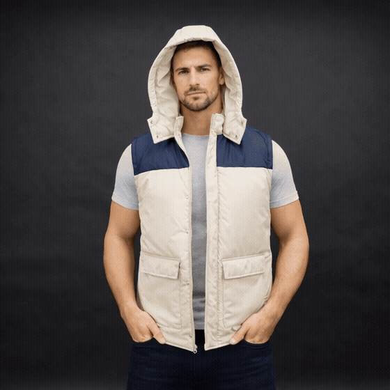 Men’s hooded two-tone puffer vest with front zip, snap buttons, inside and front pockets, available in multiple color combinations
