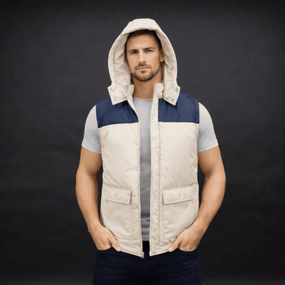 Men’s hooded two-tone puffer vest with front zip, snap buttons, inside and front pockets, available in multiple color combinations