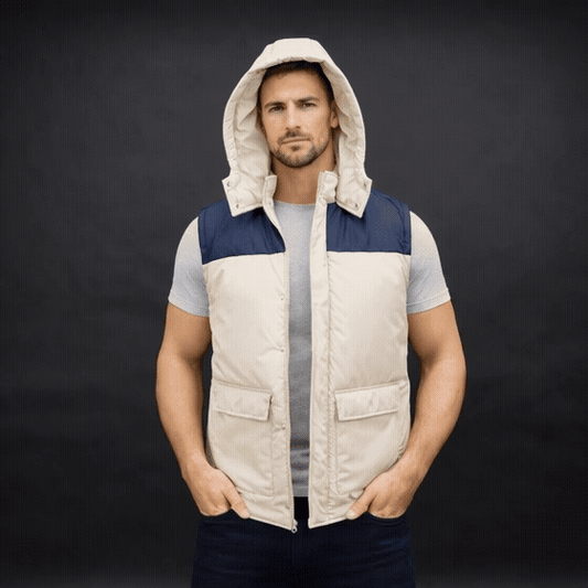 Men’s hooded two-tone puffer vest with front zip, snap buttons, inside and front pockets, available in multiple color combinations