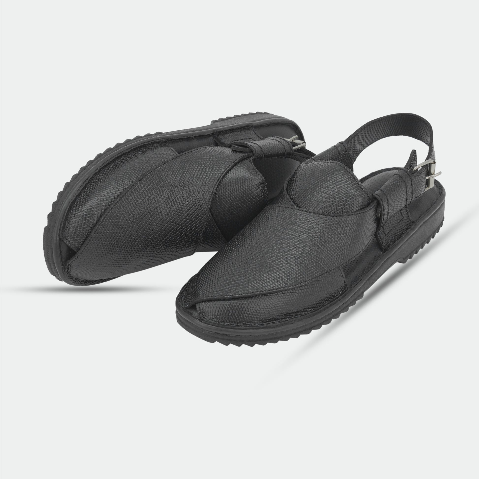Peshawari sandals in 100% genuine leather, handmade for comfort and durability, featuring a classic black design—perfect for traditional wear or everyday use.