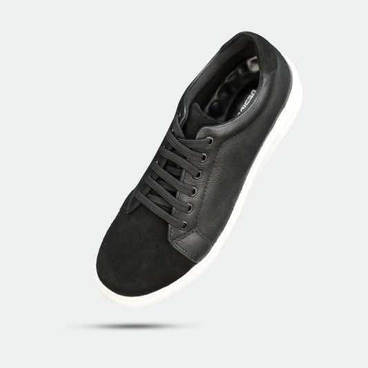 Sneakers made from a blend of cow grain and cow suede leather with breathable mesh lining, non-woven insole, and flexible TPR sole—finished in classic black-brown, durable, comfortable, and versatile for everyday wear.