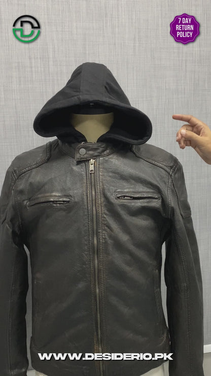 Hooded Real Leather Rubbed Finish Duel Layer Jacket