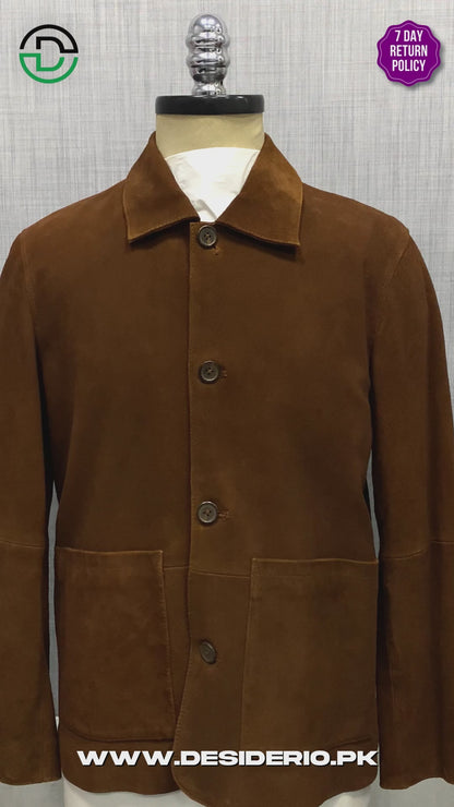 Real Goat Suede Button Jacket In Tobacoo Finish