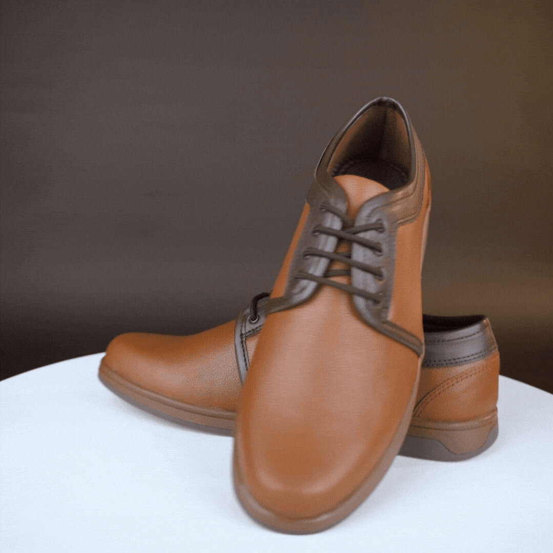 Tan shoes made from premium Cow Chalsia leather with breathable mesh lining, supportive non-woven insole, and durable TPR sole—comfortable, reliable, and perfect for everyday casual wear and light outdoor activities.