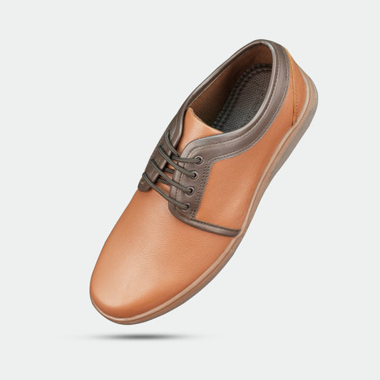 Tan shoes made from premium Cow Chalsia leather with breathable mesh lining, supportive non-woven insole, and durable TPR sole—comfortable, reliable, and perfect for everyday casual wear and light outdoor activities.